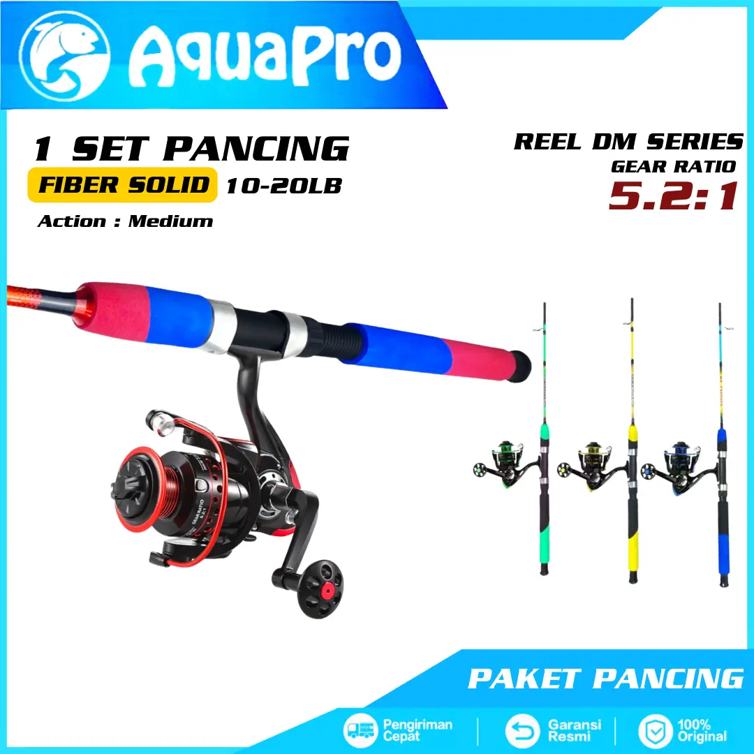 AquaPro - 1 Set Paket Joran Pancing Spinning Black Grouper Bahan Eva Carbon Solid Fiber Glass Material + Reel Pancing Rill Fishing Reel Spinning Rod Roda