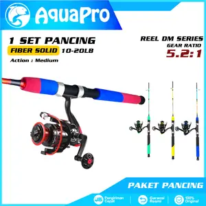 AquaPro - 1 Set Paket Joran Pancing Spinning Black Grouper Bahan Eva Carbon Solid Fiber Glass Material + Reel Pancing Rill Fishing Reel Spinning Rod Roda