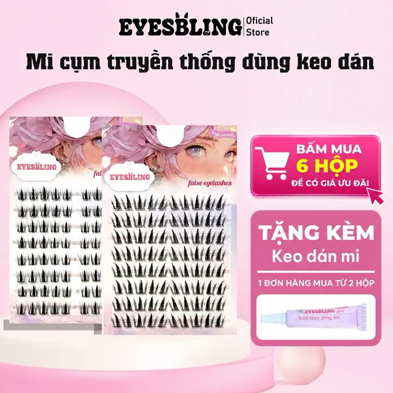 Mi giả cụm(mi dùng keo để gắn), tặng keo khi đơn mua từ 2 hộp cho mỗi đơn Eyes Bling siêu tự nhiên tái sử dụng
