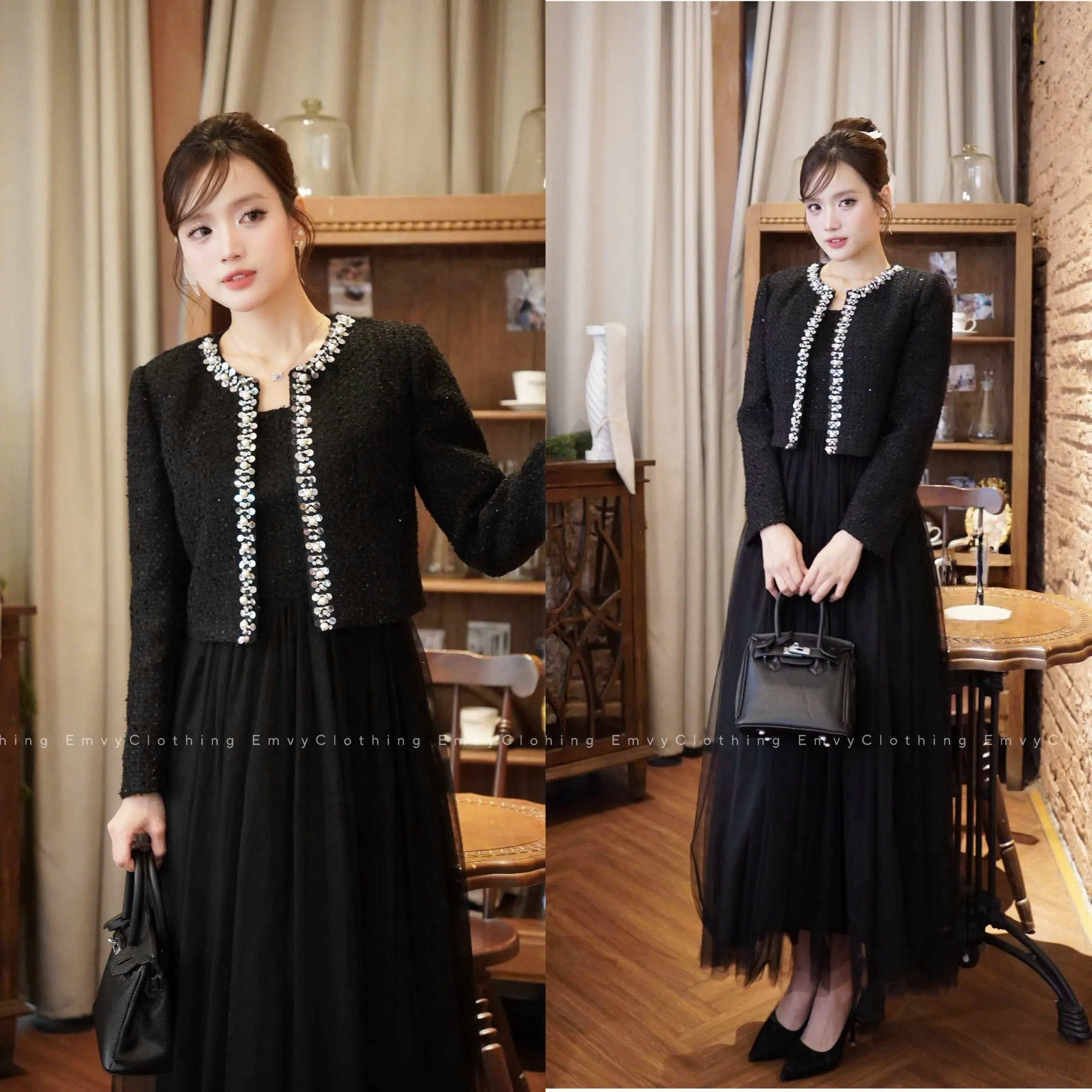 EV107-Emvy Clothing Set áo dạ kèm váy công sở đính ngọc trai thanh lịch tinh tế | BigBuy360 - bigbuy360.vn