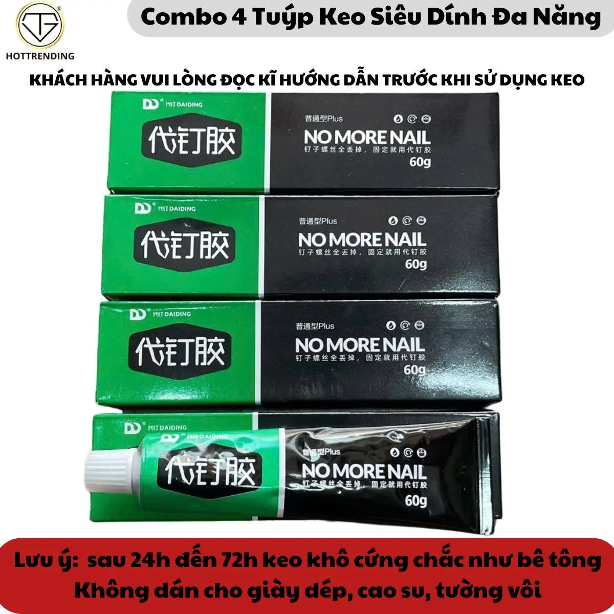Combo 4 tuýp keo siêu dính No More Nail 60g siêu dán tường dán kim loại gỗ thuỷ tinh nhựa gốm gạch đá chống thấm nước chịu nhiệt ( không dùng cho tường vôi, giày dép, đồ da )