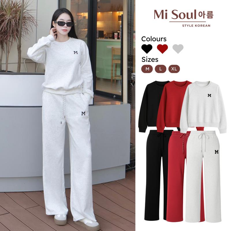 Set Bộ Nỉ 2 Da Thêu Chữ M Mix Quần Suông Cạp Chun Dây Rút Cùng Màu 491 MiSoul Form Rộng BigSize Bộ Thu Đông