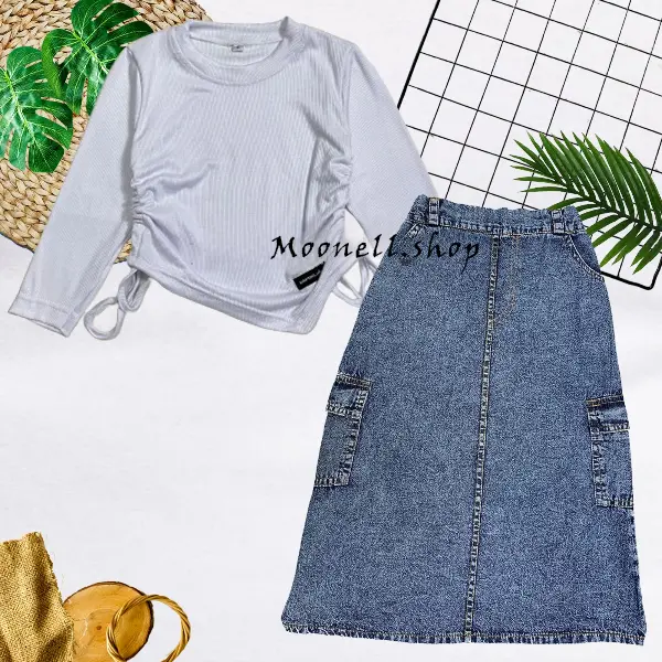 SETELAN JEANS ANAK PEREMPUAN/ ROK CARGO JEANS PANJANG DAN KAOS CROPTOP SERUT MOTIF SABLON ANAK Usia 2-12 Tahun 6