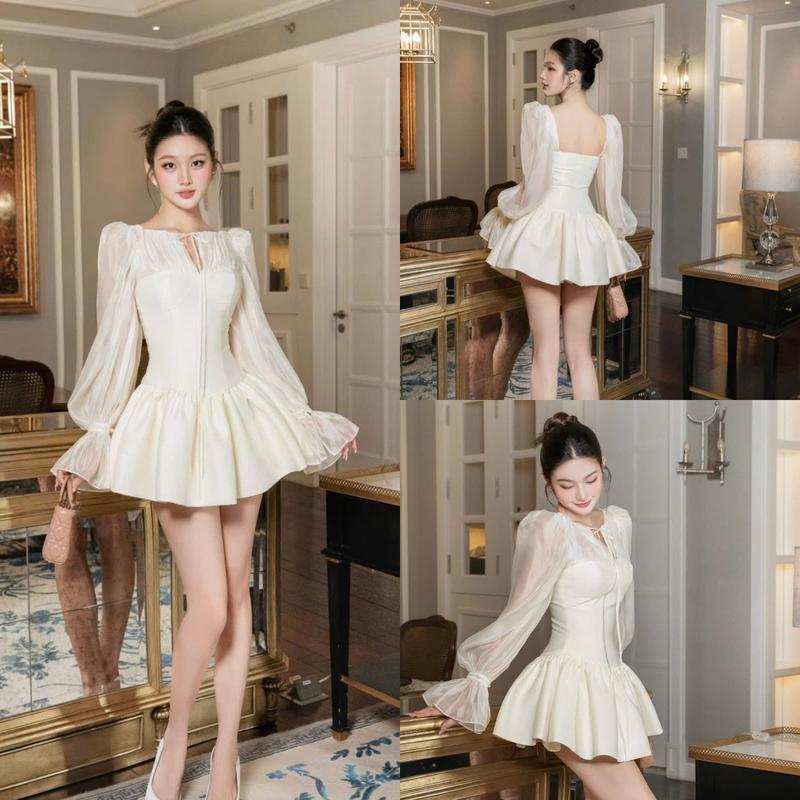 K75 Váy xoè bồng tay tơ dài tiểu thư - Váy nữ xinh