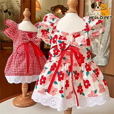 Pet clothes flying sleeve tricolor dress Spring and summer teddy bear corgi dog cat clothing wholesale