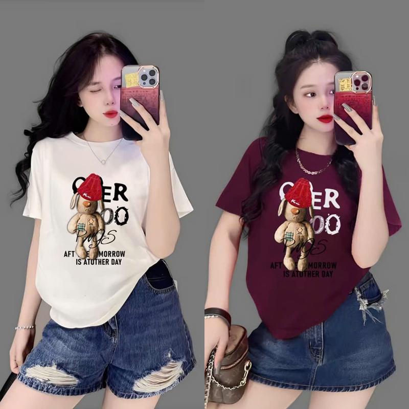   40~60kg  Áo Thun Thái Nữ Form Vừa  Mã A31  Hình Dễ Thương Cotton Mềm Mịn Mát  GẤU ĐỎ  Top cổ tròn Women Màu Đen áonuxinh 