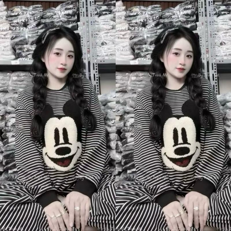 Set Bộ Nữ Set Bộ Thun Cotton Kẻ Thêu Xù Hình Mickey