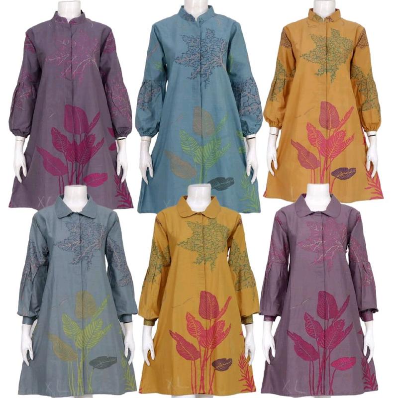 Tunik Wanita Batik Anyelir Rinjani Berkerah Formal SMLXLXXLXXXL Kancing Depan Cantik Elegan Katun Kantor 1