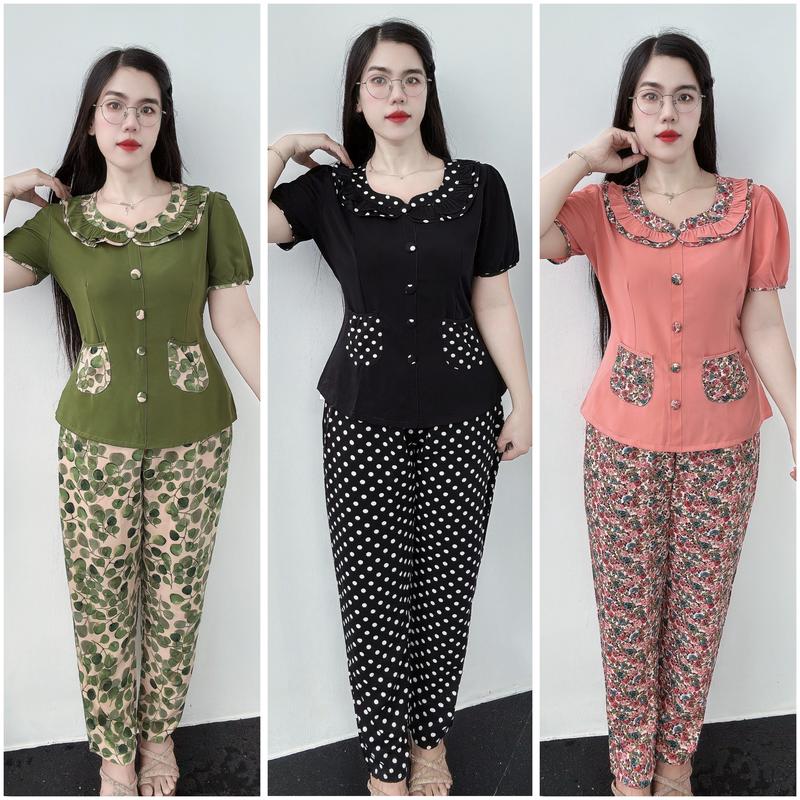 Đồ Bộ Nữ Mặc Nhà, Áo Tay Ngắn Quần Dài, Chất Vải Lụa Mango Mềm Mát