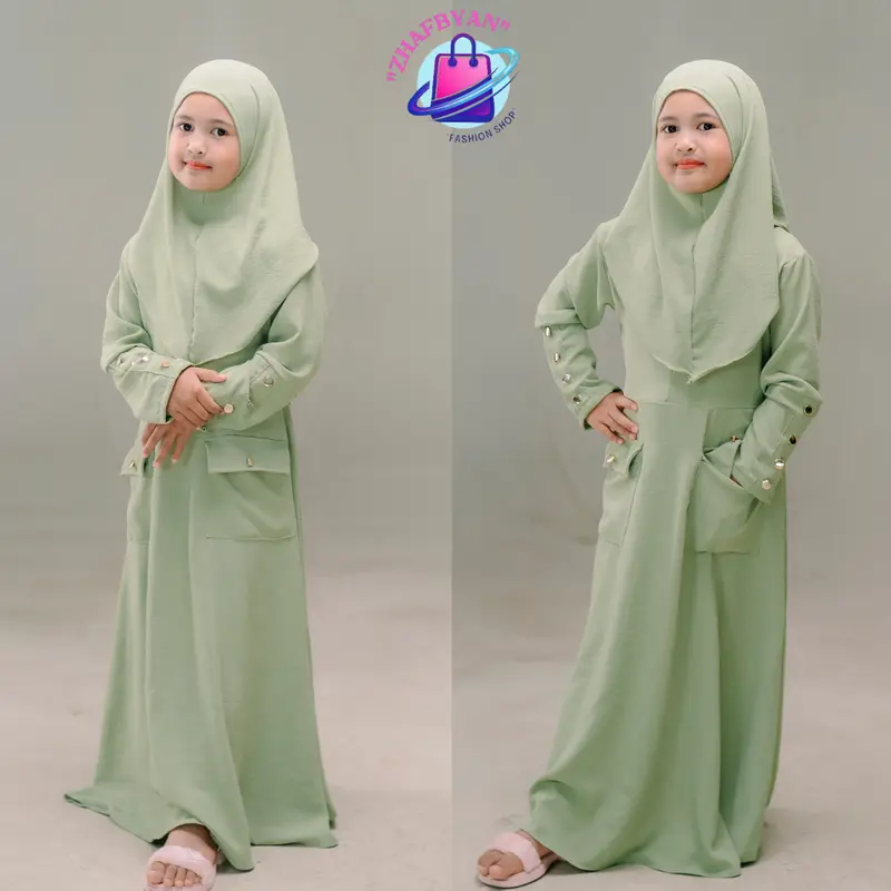 Gamis Abaya Anak Set Hijab 4th - 13th Model Tangan Kancing - Setelan Baju Dress Muslim Lebaran Syari Remaja Wanita Panjang Putih Hitam Crinkle Airflow  Navy Hijau Mustard Maroon 1