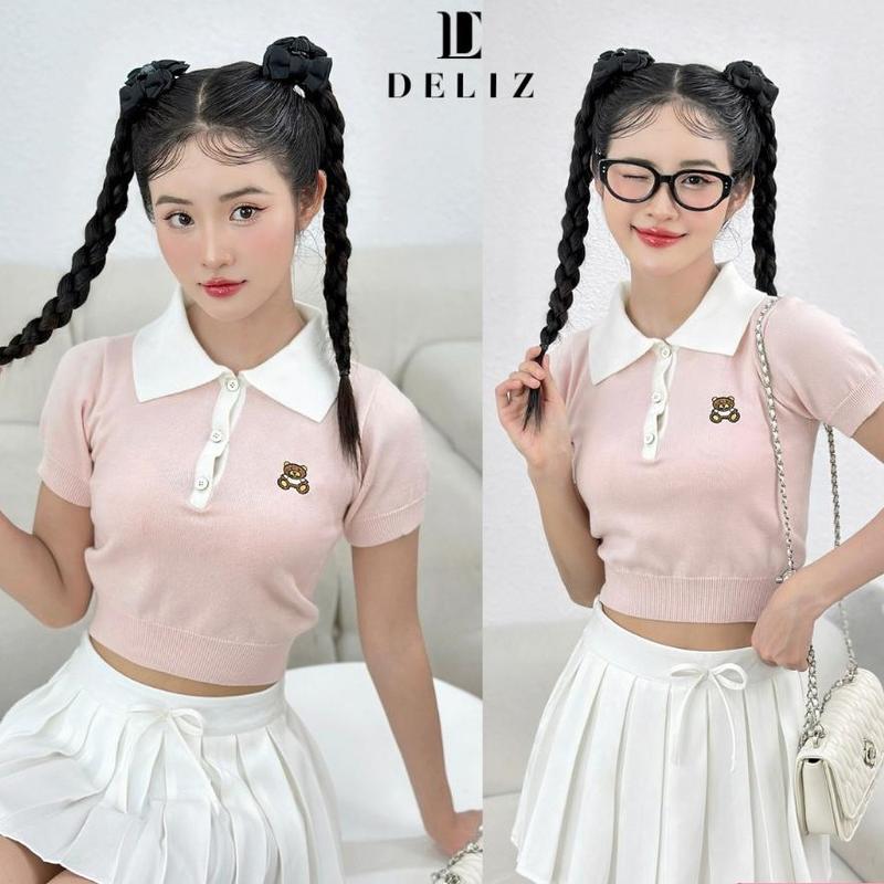 XẢ KHO Áo len croptop nữ màu hồng BEAR cổ polo phối màu nhẹ nhàng DELIZ - PL05