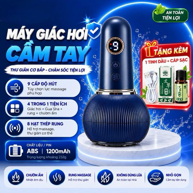 Máy Massage Giác Hơi Cạo Gió Cầm Tay Sạc Tích Điện, Máy Giác Hơi Có Đèn Hồng Ngoại, Màn Hình Led, 9 Mức Độ Nhiệt, 8 Đầu Bi