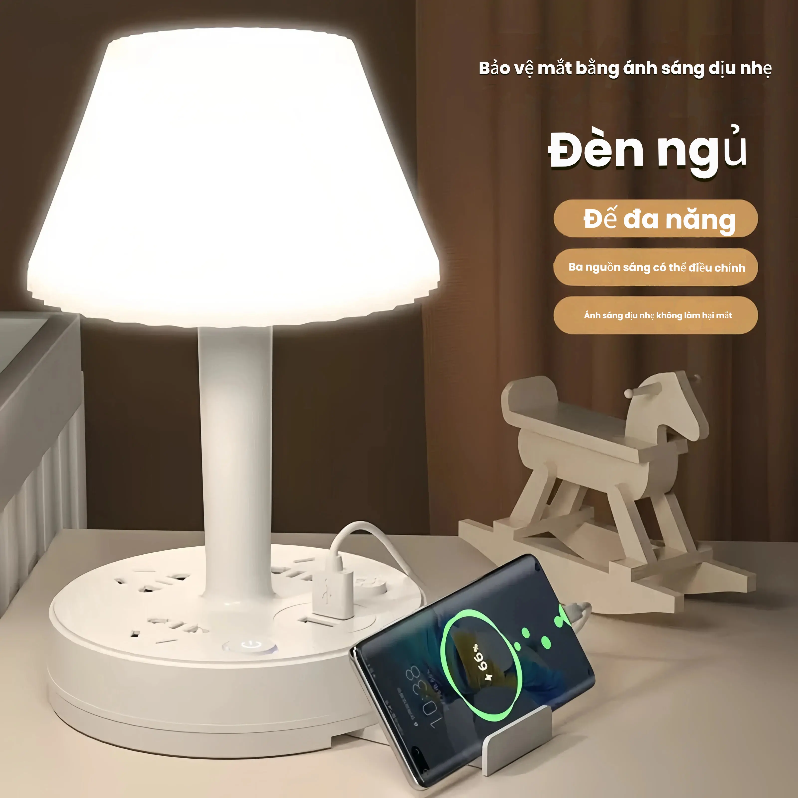 Đèn để bàn thông minh, đèn ngủ kết hợp ổ cắm USB, 3 chế độ sáng có sạc nhanh