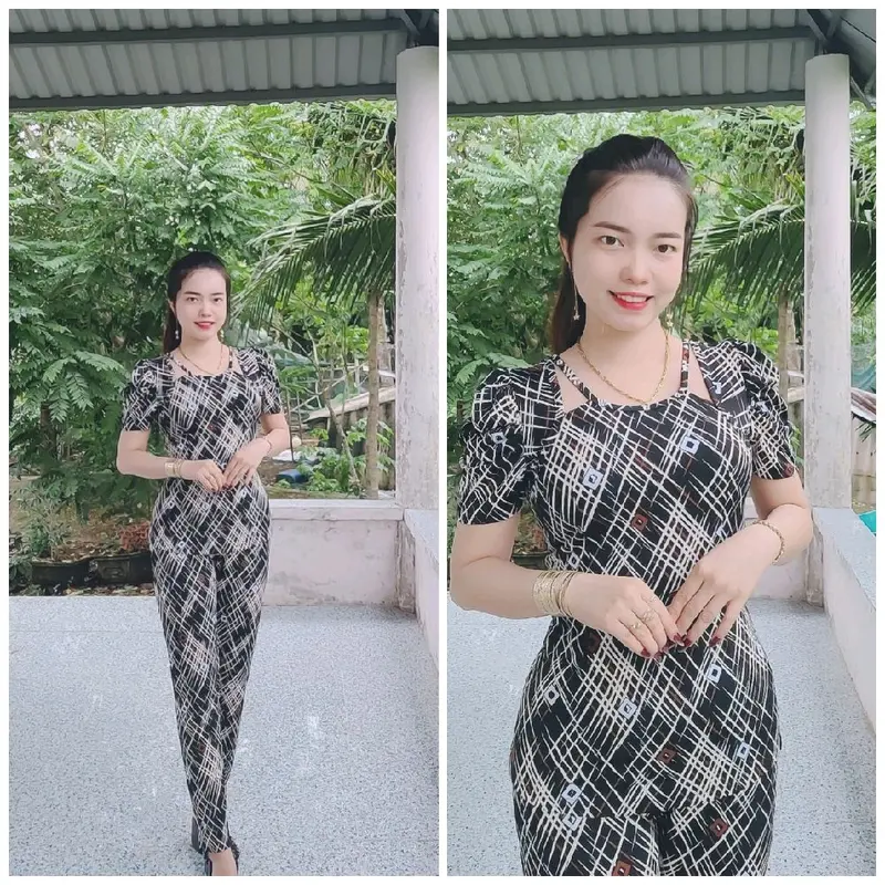 đồ bộ cổ yếm tay phồng quần dài ống nhỏ size 40-78kg Nữ Thun Áo 1