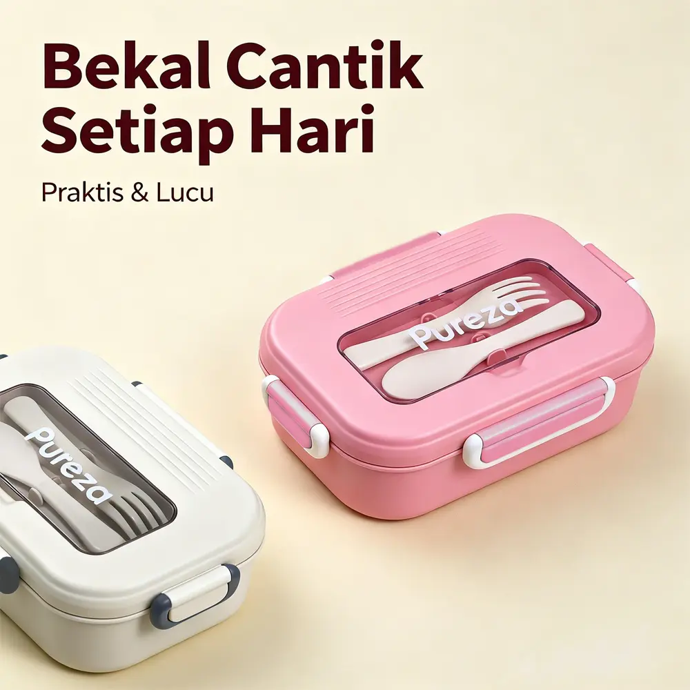 Kotak Makan Aesthetic 1300ml Anti Bocor + Sendok Garpu Bekal Cantik Kerja Sekolah Praktis & Hemat  tahan panas
