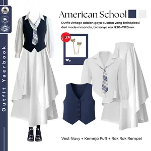Outfit Yearbook Remaja Viral Muslim (Blouse Puff + Vest navy + Rok Susun) One Set Viral Yearbook - FO44