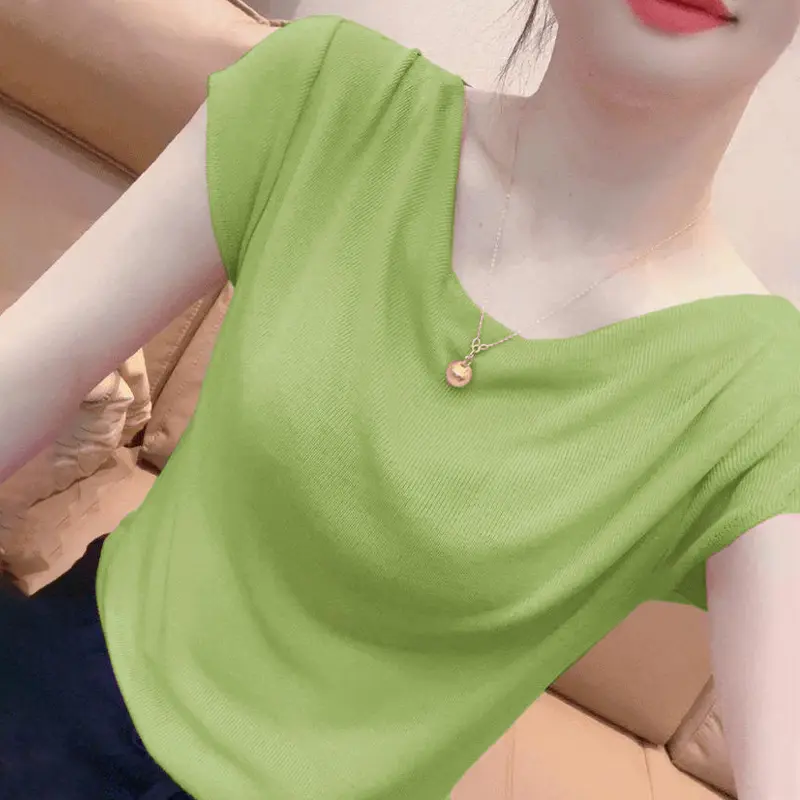 LELAND Kemeja Lengan Pendek Wanita Perancis Atasan Pinggang / Rajutan Kenyamanan Lengan Pendek Korea