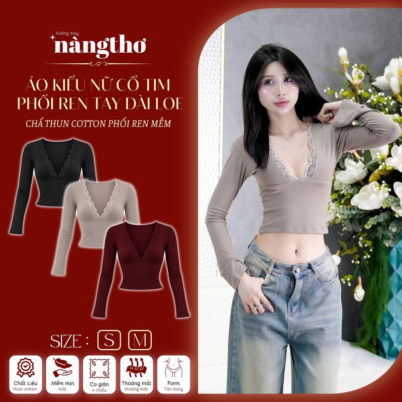 753 Áo Nữ Tay Dài Kiểu Cổ V Phối Ren Ôm Body Quyến Rũ Chất Thun Cotton Mịn