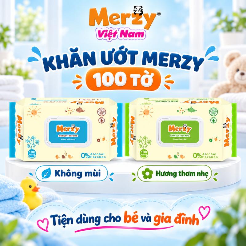Khăn Ướt Trẻ Em Merzy Dịu Nhẹ, Kháng Khuẩn, Không Mùi Hương và Có Mùi Hương - Gói 100 Tờ