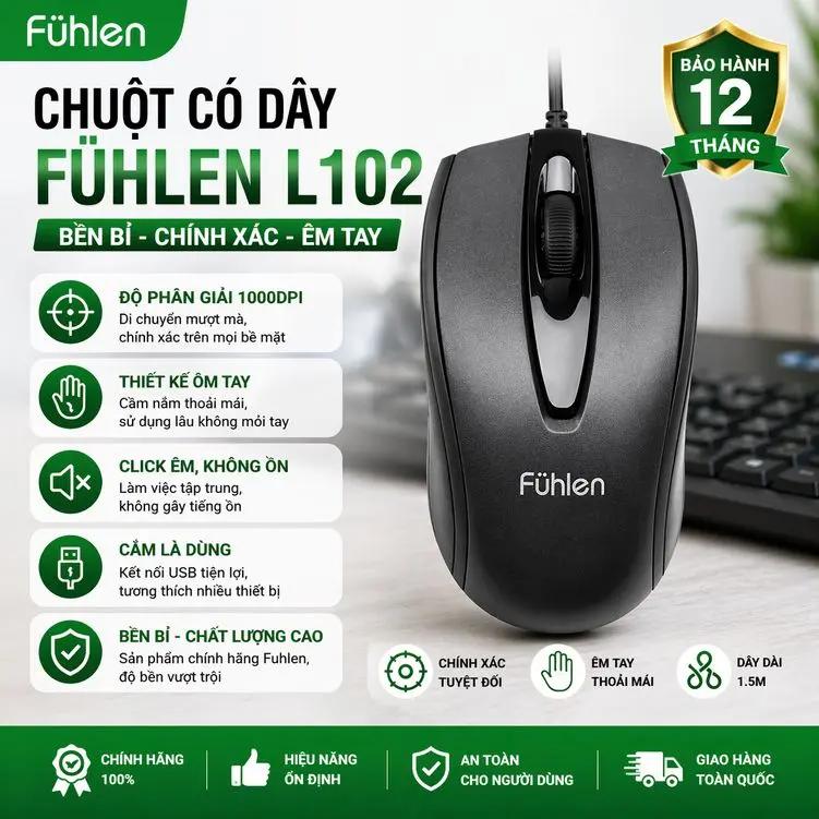 Chuột Dây Fuhlen L102 Kết Nối USB - Chuột Máy Tính Êm Tay, Bền Xịn Cho Laptop PC Văn Phòng