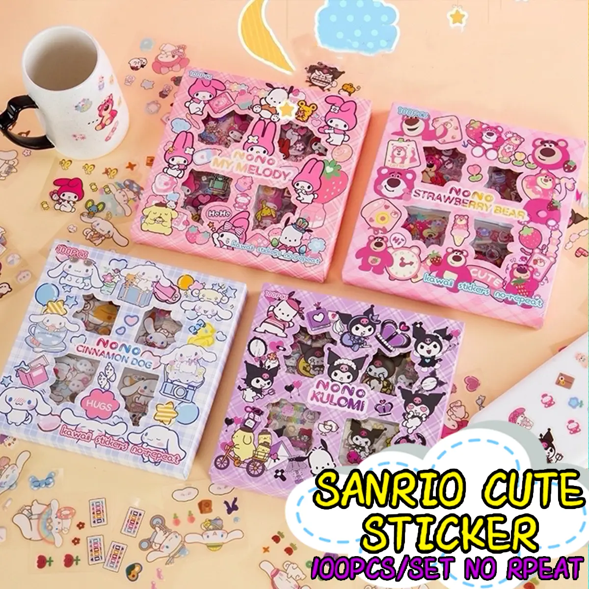 100 Cute Cartoon Stickers Different Patterns Creative Children's Notebook Stickers,Journal Sticker For Kids,HandbookTransparent Water Bottle Diary Stickers Ins Kuromi Strawberry Bear Student Creative Cartoon Hand Account Material Stickers,DIY Decorative