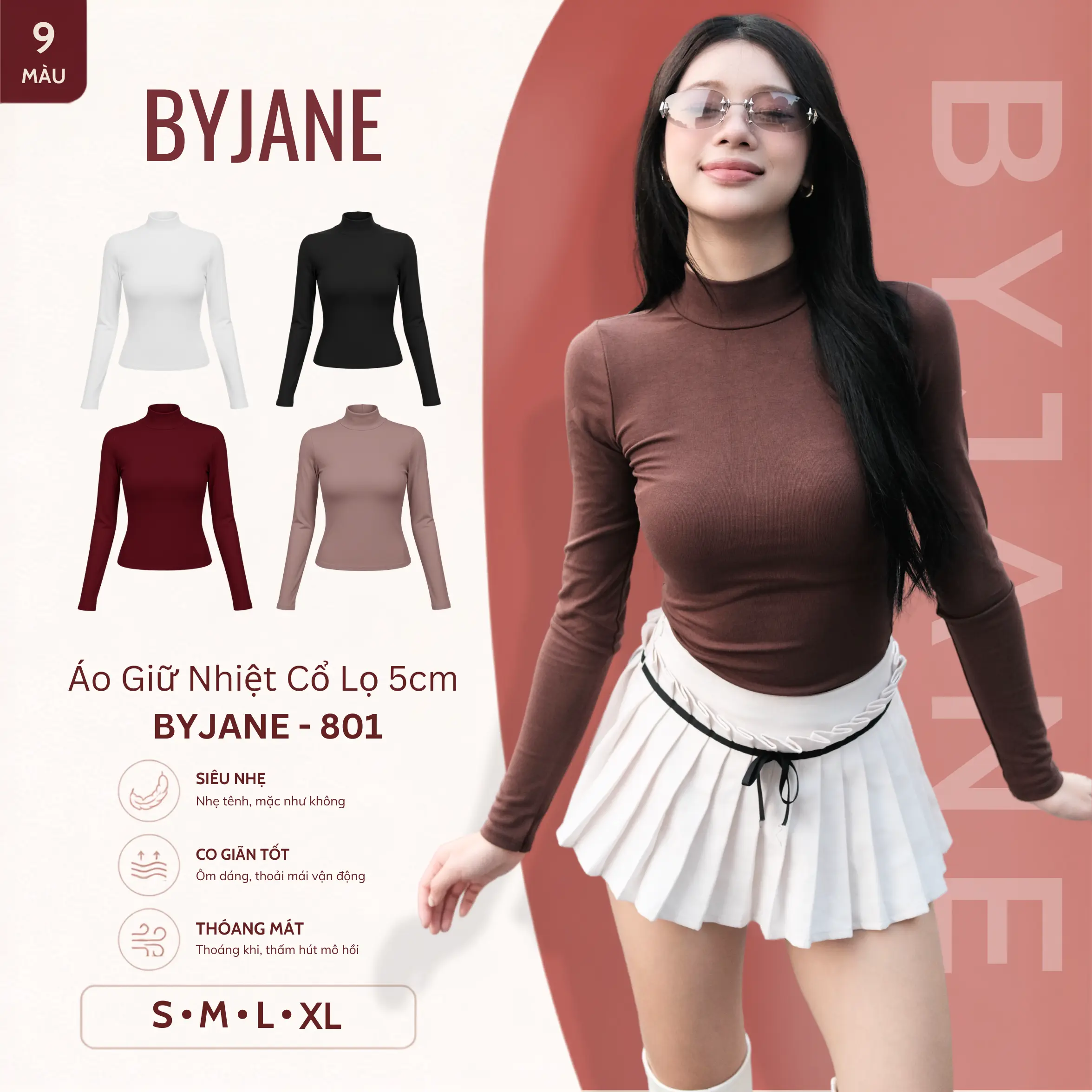 [ MÀU MỚI ] Áo Thun Nữ Cổ Lọ 5p Ôm Body Tay Dài Chất Thun Mịn Co Giãn 4 Chiều BYJANE - 801