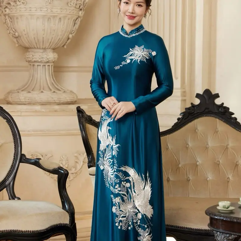[Lụa Ruby Xanh Cổ Vịt]_Áo dài mẹ sui lụa ruby xanh cổ vịt thêu và đính thủ công