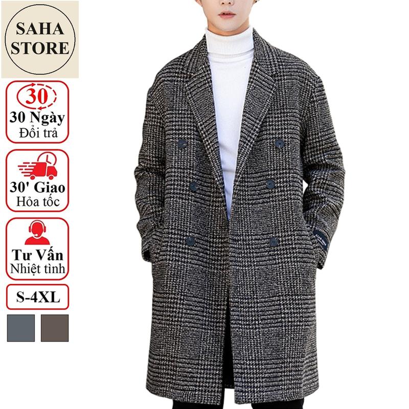 Áo khoác nam dáng dài SAHA05 blazer kẻ caro rộng măng tô dạ hàn quốc choàng ngoài big size to lớn 3xl 4xl 90kg 100kg