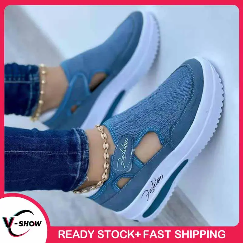 Giày Flyknit dành cho phụ nữ, giày thông thường, thoáng khí, cỡ lớn, gót nêm, rỗng, thời trang, XZ0062, V-show