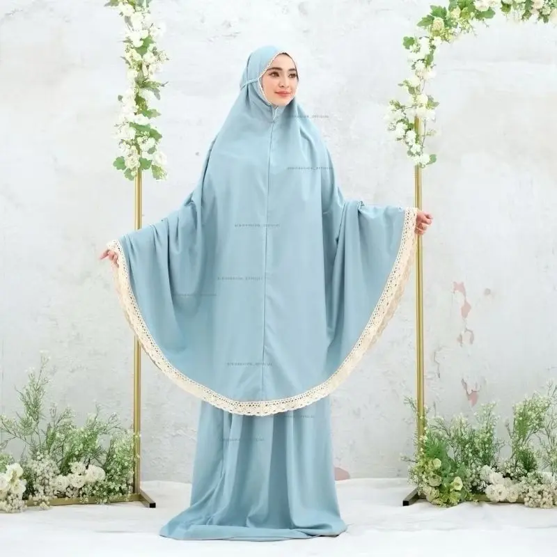 ￼Mukena Dewasa Katun Polos Renda Rajut Mewah /Mukena Renda Jumbo Atasan Bawahan Muslim Traveling Mukenah 0