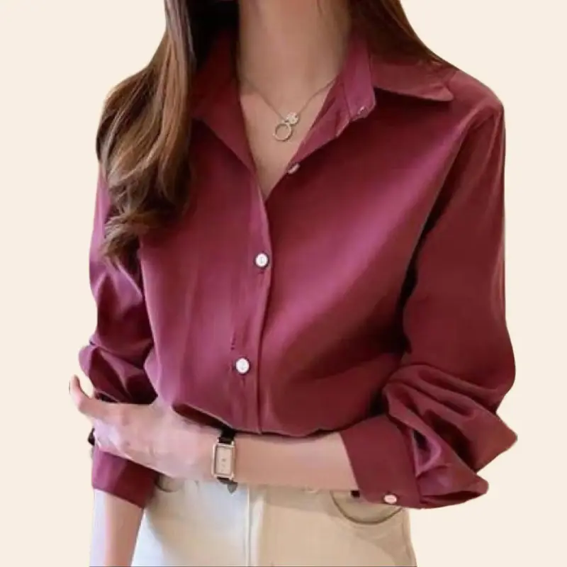 Kemeja Atasan Wanita Polos Untuk Kerja Lengan Panjang Full Kancing Bahan Shakila Twill 2