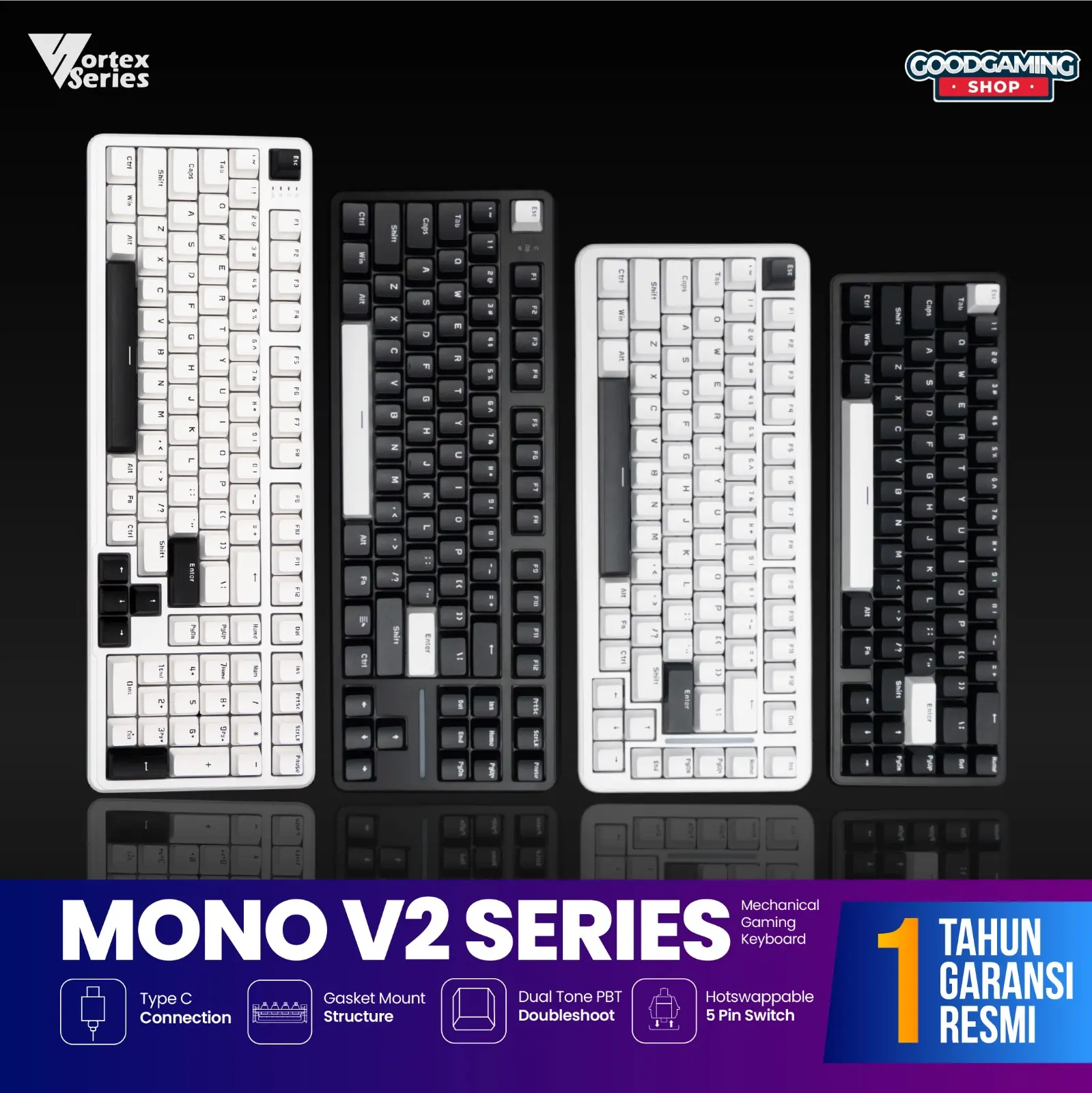VortexSeries MONO SERIES V2 Wired Gasket Mount MONO 65 V2 | MONO 75 V2 | MONO 80 | MONO 87 V2 | MONO 100 V2 / TKL Layout / Full Size Layout | Hotswappable Universal 3 - 5 Pin Mechanical Keyboard