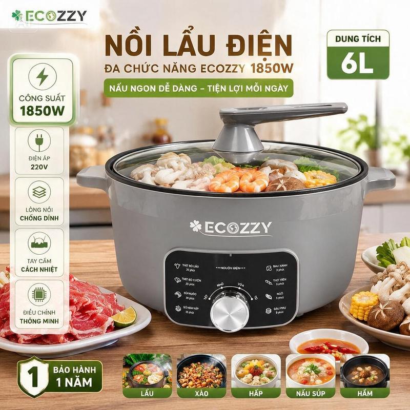 Nồi lẩu điện đa chức năng Ecozzy 6L công suất 1850W