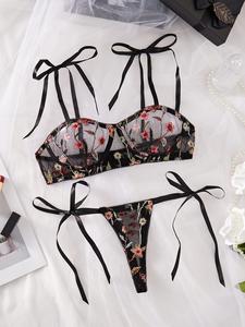 Conjunto de lencería de encaje bordado a mano para mujer, dos piezas, diseño de moño, ajustado con patrón de lunares transparentes, casual para todas las estaciones