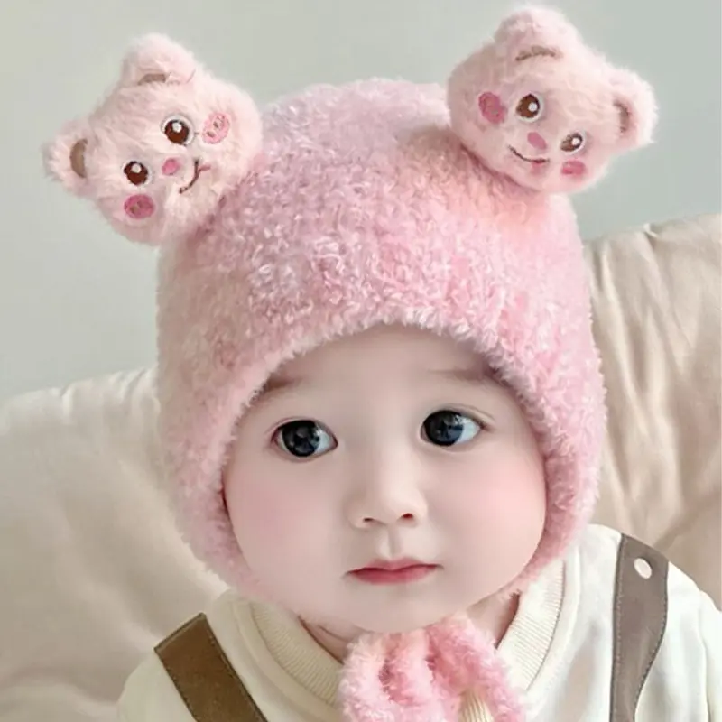 Mũ Trẻ Em Bé Nhồi Bông Thiết Kế Hình Gấu Hoạt Hình, Ấm Áp Mùa Đông, Lông Cừu San Hô Dày, Mũ Bảo Vệ Tai Cho Trẻ Sơ Sinh, Dễ Thương Và Chống Gió, Thích Hợp Cho Bé Trai Và Bé Gái Mới Biết Đi, Mũ Len 3