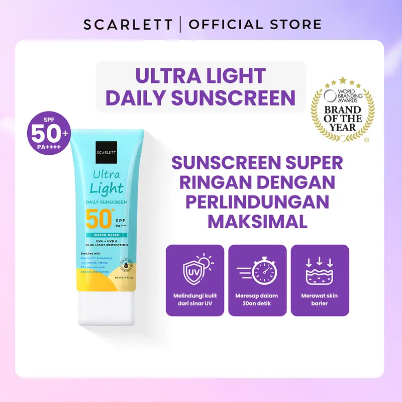Oily Skin Friendly Scarlett Whitening Ultra Light Daily Sunscreen SPF 50+ PA++++ [Water Based] Meresap 20an Detik (Super Ringan) dengan 7X Ceramide 9X Hyaluronic Acid & No Whitecast Sunblock Wajah 1