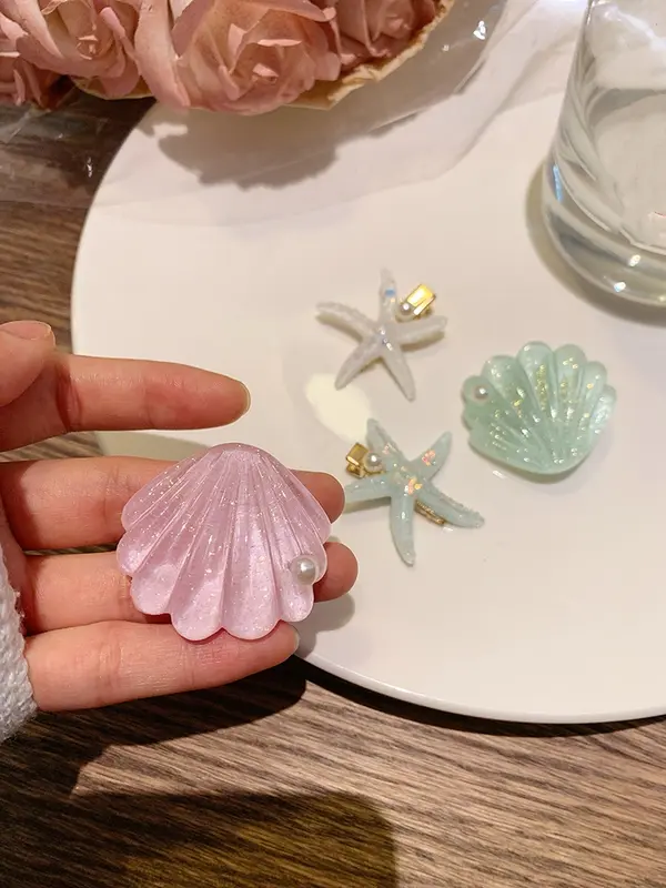 Kẹp tóc vỏ sao biển xanh lá bạc hà, kẹp tóc mái bên ngọt ngào, phụ kiện tóc bên bờ biển dễ thương Nữ Women Voi 5