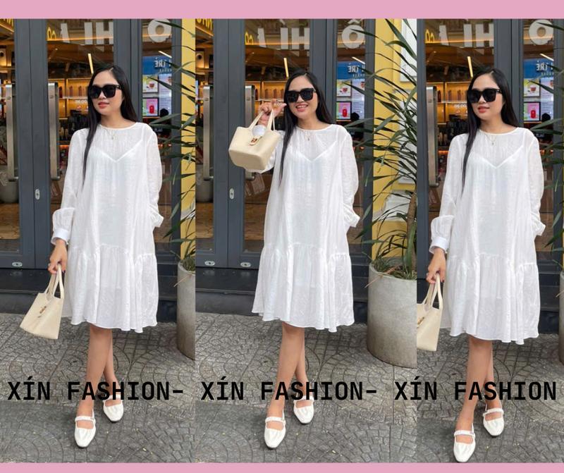 Đầm Baby Doll Tay Dài Vải Tơ xinh xắn Nữ Dress Women Màu Trắng vintage dress váy babydoll thông thường túi váy thường mặc váy trang xinh đầm suông form rộng