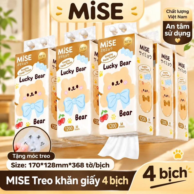 [MUA 4 TẶNG 1 MÓC TREO] Mise Giấy treo treo tường, bao bì gấu xinh xắn, 1472 tờ, mềm mại an toàn, khăn giấy rút đáy, mua 4 bịch tặng 1 móc treo, 130x170mm, làm từ bột gỗ tự nhiên, không bụi giấy, ĐẠT QUY CHUẨN BỘ CÔNG THƯƠNG VT03