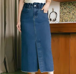 Rok Jeans Wanita 7/9 Denim Stretch Tebal Korean Style Model Belah Depan Rawis Casual Dewasa Terbaru Kekinian Kancing Karet