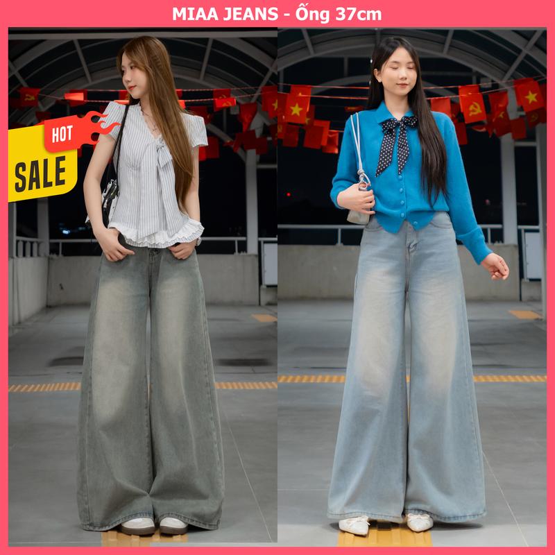 [MIAA] Quần Jeans Nữ Ống Rộng Loe 37cm - Màu Retro Xanh Nhạt, Xanh Xám - Chất Vải Jeans Mềm - Quần Ống Rộng - Mã ONG37