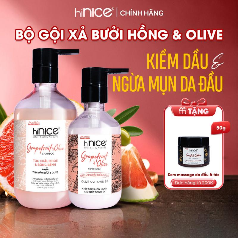 Bộ Dầu Gội Kem Xả Tinh Dầu Bưởi Hồng Olive hiNICE Grapefruit & Olive Hỗ Trợ Giảm Mụn Da Đầu & Tóc Bồng Bềnh
