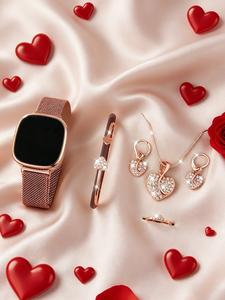 Conjunto de reloj electrónico con pantalla táctil LED para mujer, con pulsera de corazón, collar, anillo y pendientes, correa de aleación magnética, caja de plástico, regalo perfecto