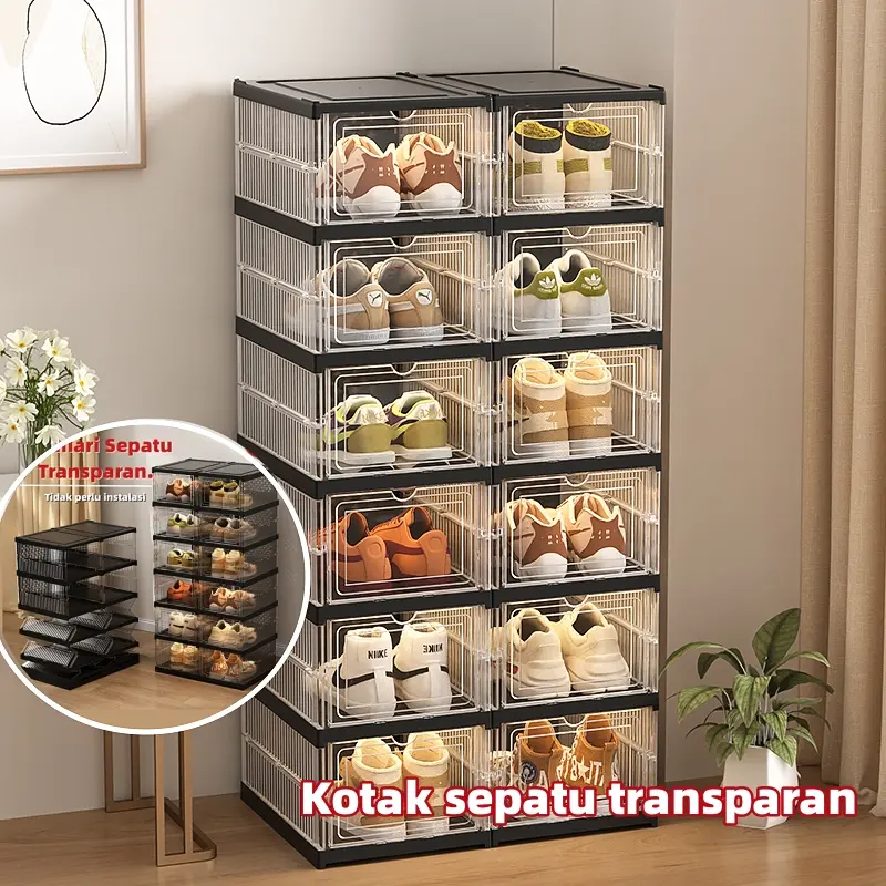 Tidak perlu instalasi  Lebih Tebal Dan Kuat Kotak Sepatu Ukuran Ekstra Besar   Shoe Storage Boxes Susun Plastik Lemari Sepatu Rak  kotak sepatu portabel multifungsi dengan