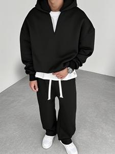 オーバーサイズの2点セット、ハーフジップのフーディー＆ハイウエストパンツ、トレンディなストリートウェア、全7色展開、普段使いに最適