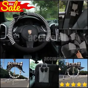 FULL SET Houndstooth Chvnel Series SARUNG COVER STIR Bantal Leher Headrest Sandaran Sabuk Pengaman Safetybelt Gantungan Spion Ribbon Mobil Hitam Putih