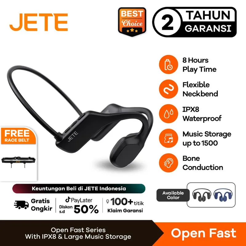 JETE OPEN FAST Sport Headset Bone Conduction Bluetooth Wireless IPX8  Garansi Tahun navy