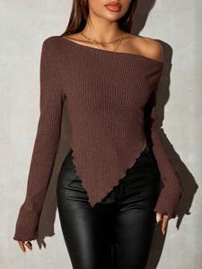 Camiseta de mujer con cuello asimétrico, tejido de punto acanalado, sin hombros, sexy y lisa, ropa de abrigo casual de otoño, top elegante para uso diario