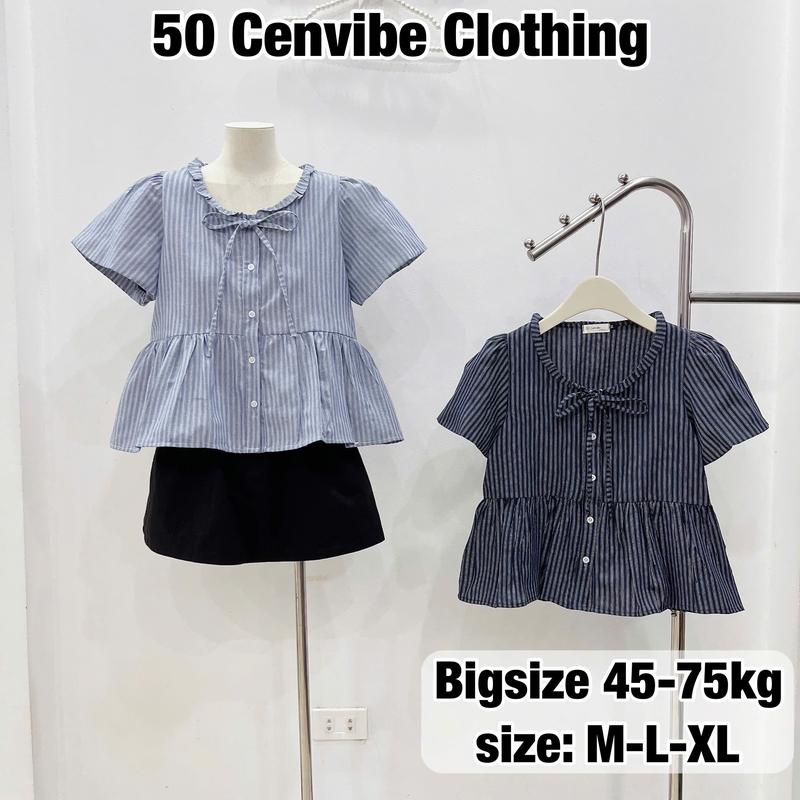 Áo Sơ Mi Nữ Dáng Babydoll Buộc Dây Cô Yếm Có Bigsize 45-75kg Phong Cách Korea Vải Thô Kẻ (50 Cenvibe Clothing) #321