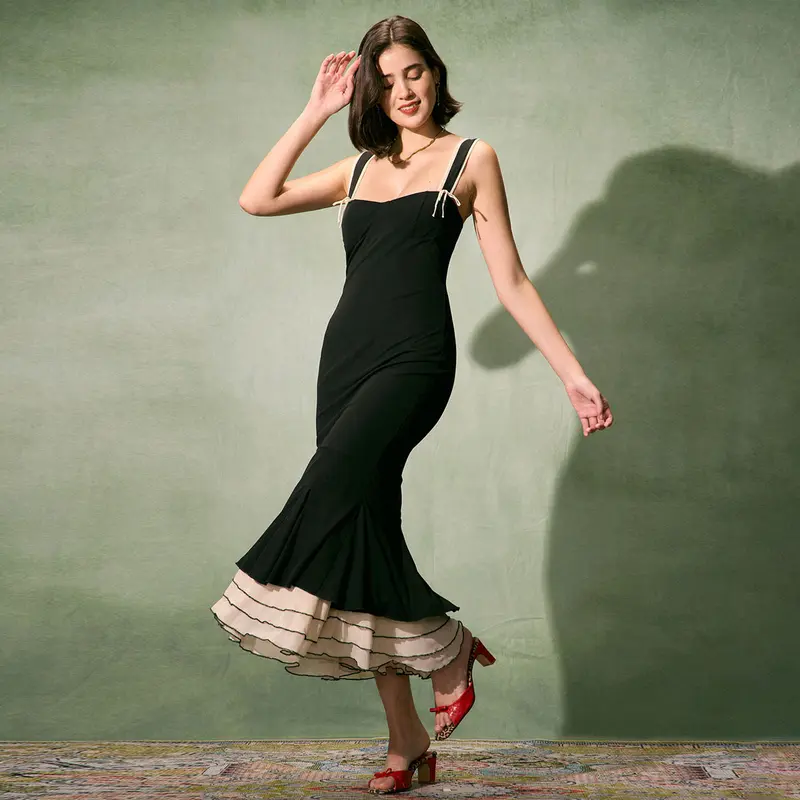 Product Introduction of RIHOAS Women's Patchwork Contrast Binding Mermaid Dress, Elegant Lettuce Trim Bow Decor Long Dress for Party Holiday Wedding Guest, Ladies Clothes for All Seasons 5